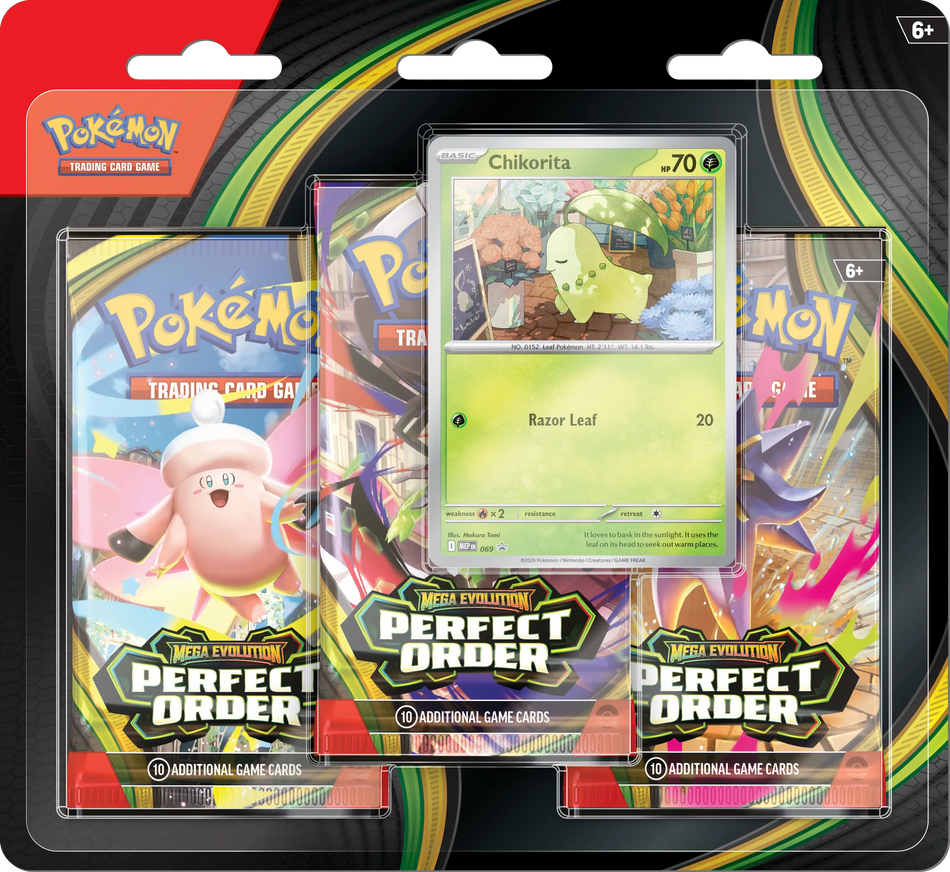 Mega Evolution - Perfect Order: 3 Pack Blister Chikorita (Inglés)